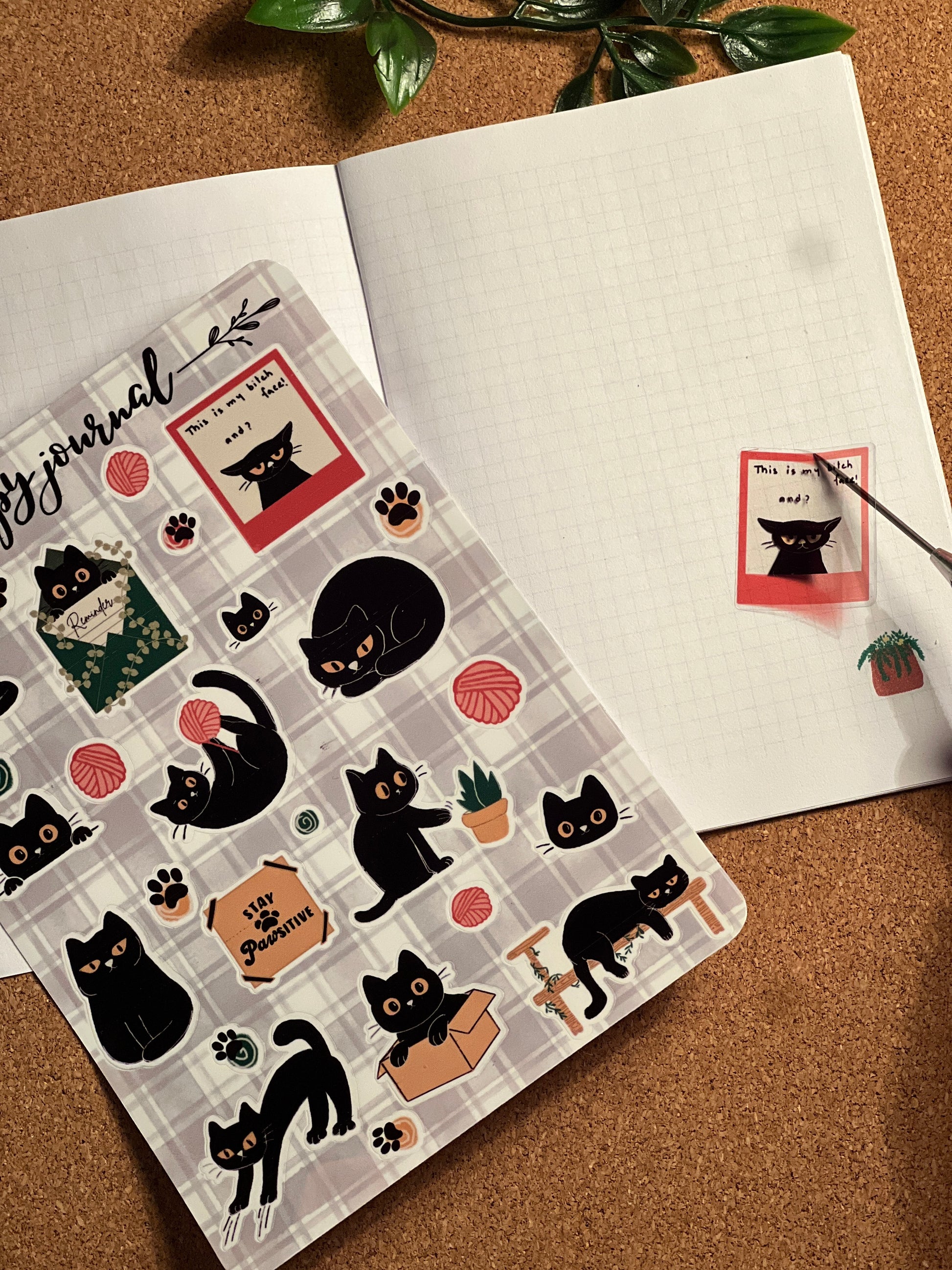 Sticker sheet with black cat designs on a notebook